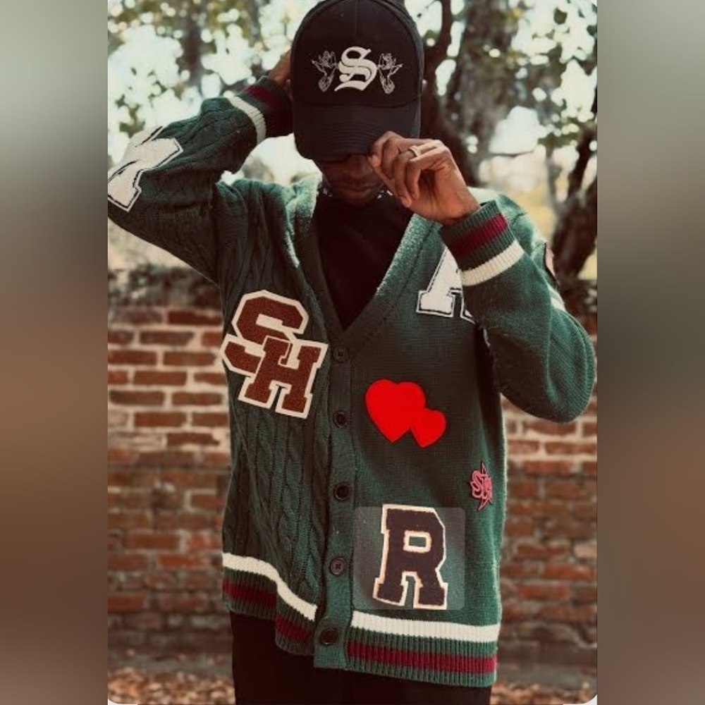 Manfinity Dark Green Varsity Patch Cardigan Letterman Knit Sweater Y2K XL